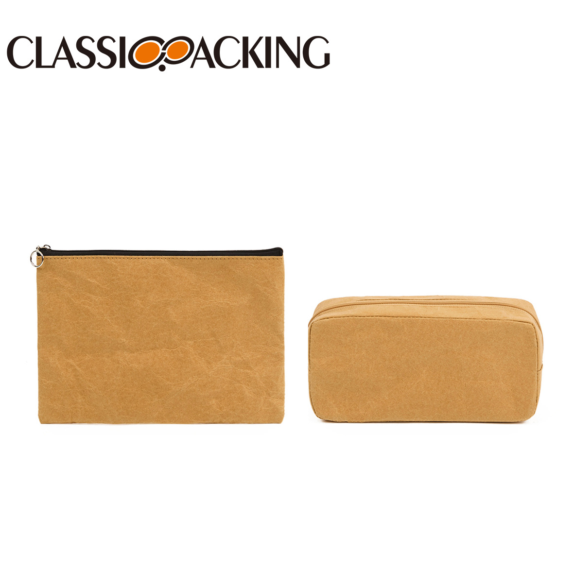 Bolsa de almacenamiento de cremallera de papel Kraft al por mayor de fábrica de moda simple bolsa de almacenamiento de papel DuPont Portátil Bolsa de cosméticos lavable