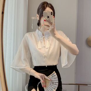 Plus Size New Chinese Style Light National Style Short-Sleeved Shirt for Women New 2025 Summer Slimming Look Belly-Covering Chiffon Beautiful Top