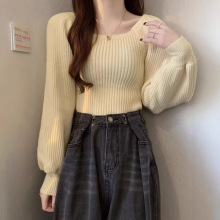 秋冬法式方领泡泡袖设计感小众内搭外穿方领针织打底衫毛衣女上衣