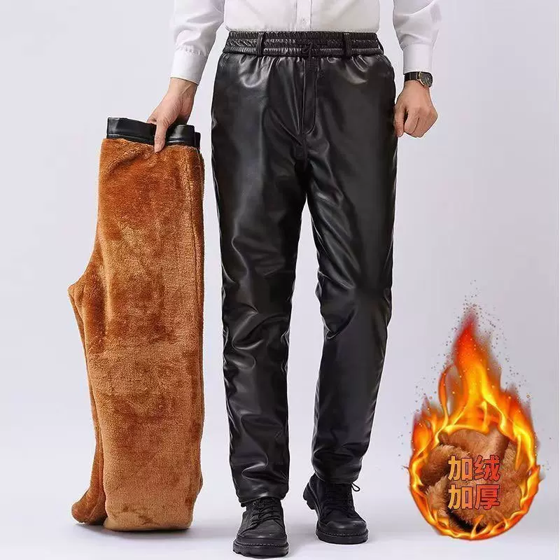 外卖员皮裤男士加绒加厚冬季高腰防寒防风户外骑行裤中老年皮裤