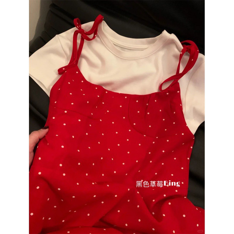 (2개) 한국 스타일 INS 부드러운 웨이브 포인트 슬링 원피스 여성 여름 디자인 센스 레이스 업 느슨한 슬리밍 우아한 롱 원피스