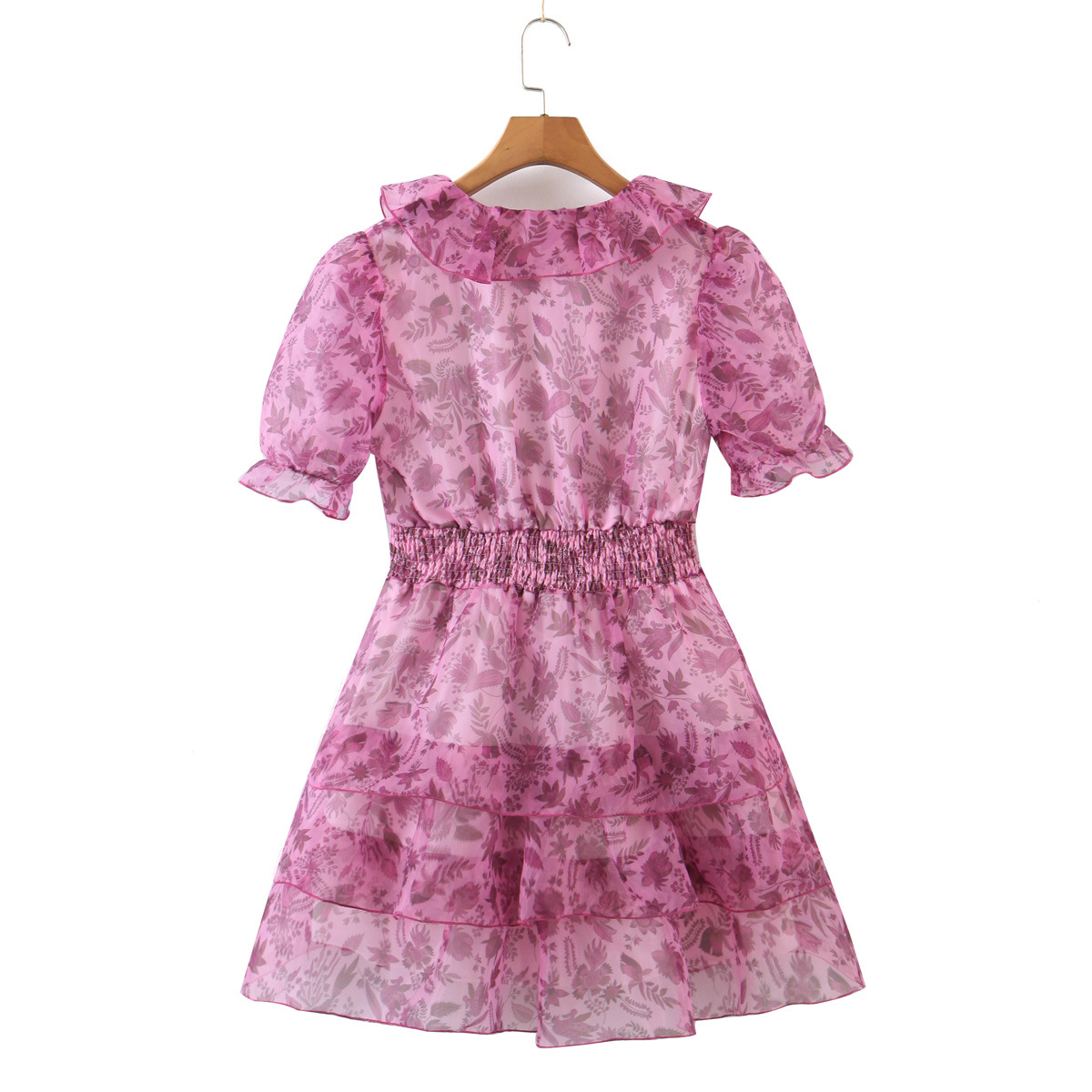 Organza Print Ruffle V Neck Short Sleeve Stacked Layers Dress NSXFL114269