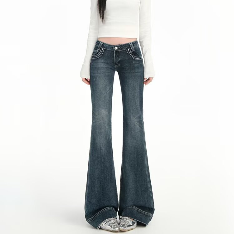 One Piece Wholesale Dropshipping Low-Waist Denim American Dark Blue Hot Girl Slimming Design Floor-Length Bootcut Jeans for Women