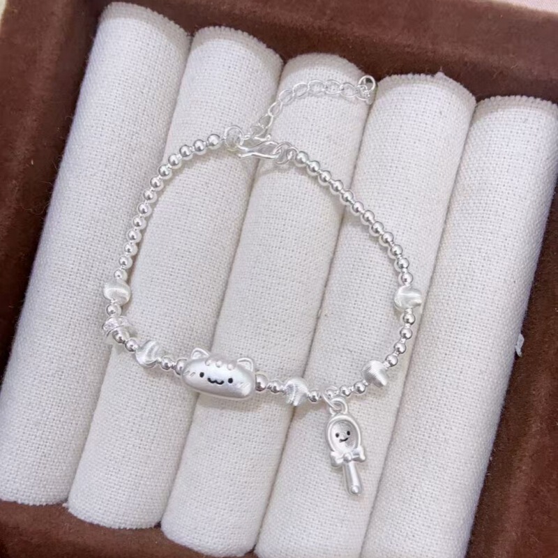 Pure Silver 999 Baguette Cat Magic Wand Smooth Round Bead Cat's Eye Silver Bracelet Women's Jewelry Light Luxury Personality Niche New Model