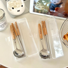 开学季学生套装榉木不锈钢筷勺套装一人用便携盒两件套收纳盒餐具