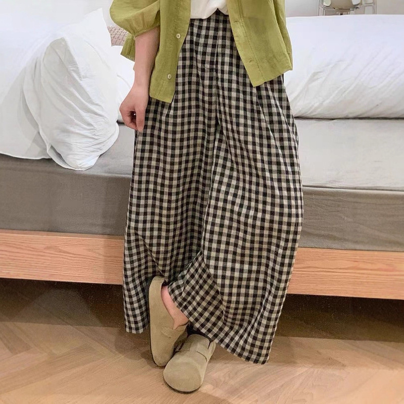 Highly Recommended! Korean Style Lazy High-Waisted Cotton and Linen Plaid Pants for Women, New Summer Petite Wide-Leg Cropped Pants