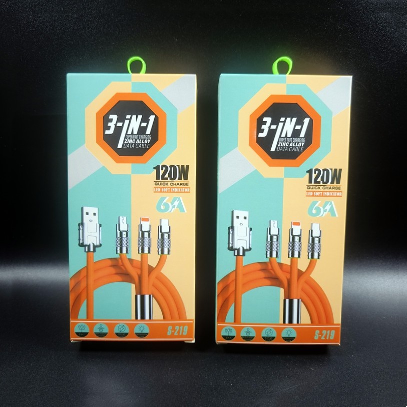 Embalaje de cable de carga cuatro en uno, caja de color, carga rápida de cuero, dos tracks, dos mecha, línea de datos amarilla, juego de caja de blíster