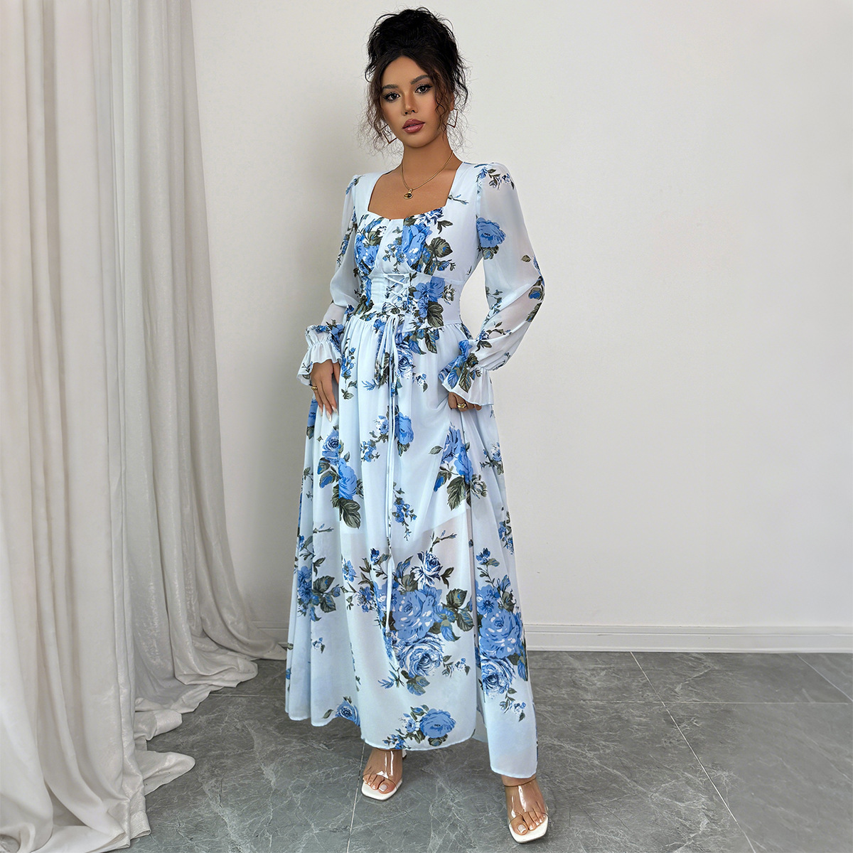 Women's Elegant Simple Printed Long Sleeve Dress Ruffled Trim Autumn Winter Fashion Offering Both Style And Comfort_ecoleips.com