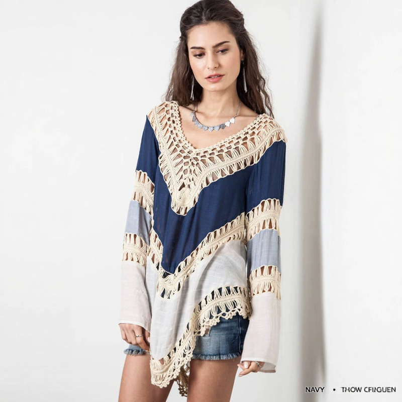 Cross-border New Sexy Hollow Hand Crochet Blouse Women's Loose Bohemian Beach Color Block Blouse E802 Cross-border New Sexy Hollow Hand Crochet Blouse Women's Loose Bohemian Beach Color Block Blouse E802