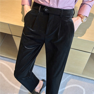 Foreign trade wholesale in stock men's trousers men's commuter leggings texture non-ironing slim fit gold velvet black trousers