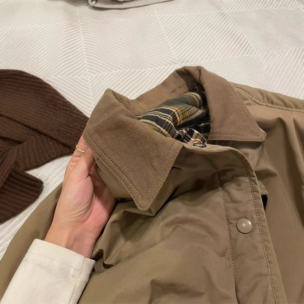 気質のある襟付き中綿チェック柄コットンコート 2025秋冬新作 ゆったりミドル丈 韓国風コットンコート