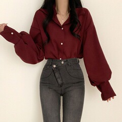 韓国の春と秋のシンプルで上品な襟付き無地シングルブレストゆったりカジュアルランタンスリーブシャツトップス（女性用）