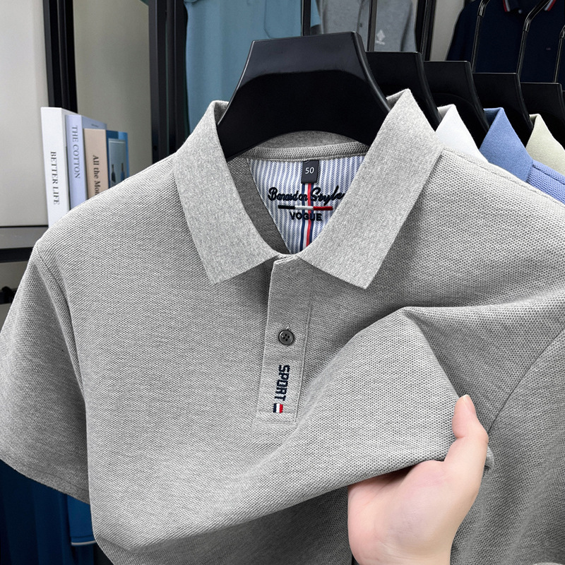 Pure Cotton Men's T-Shirt Summer New High-End Embroidered Lapel Fashion Thin Sweat-Absorbent Breathable Short-Sleeved Men's T-Shirt