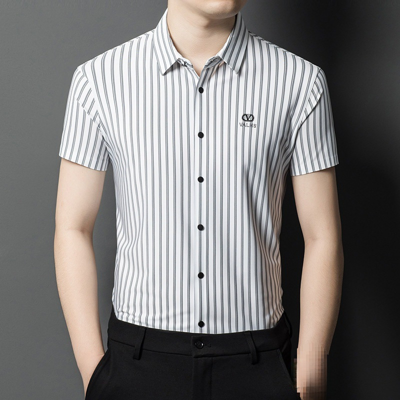 Cross-Border Brand Mulberry Silk Vertical Striped Short-Sleeved Shirt Men's Summer No-Iron Silk Half-Sleeved Shirt Business Casual