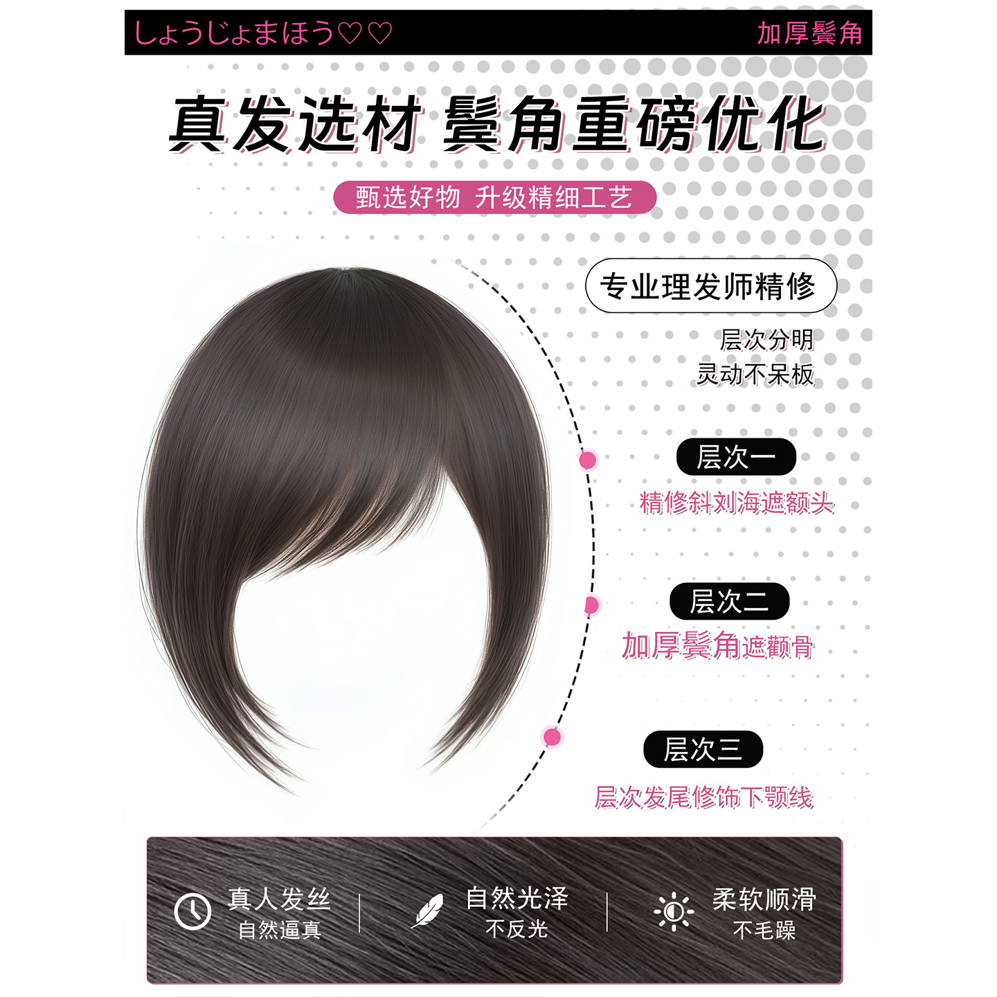 Connie Perücke Pony für Damen, Unsichtbarer nahtloser Oberkopf-Front Fake-Haar, Japanischer Vintage-Seitenpony für die Stirn