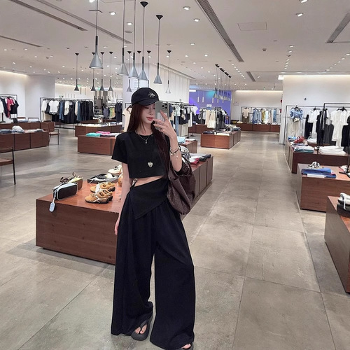 Lady's Fashion Set 2025 Summer High-Waist Slimming Casual Top T-Shirt Loose Wide-Leg Pants Set