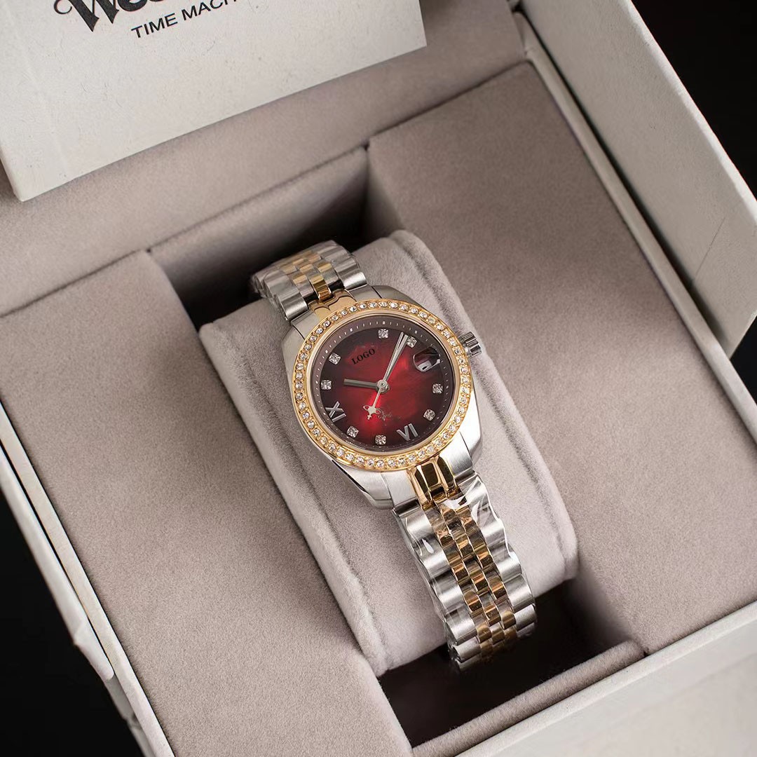 抖音小红书爆款时尚火龙果钢带防水石英手表女钻圈日历夜光女腕表