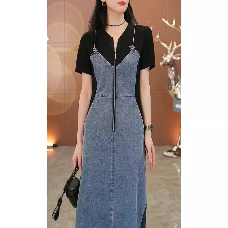 2024 summer chain stitching thin plus size Denim dress women's color matching zipper waist slimming dress