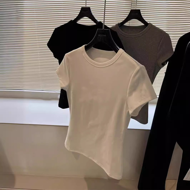 Each person has a high density D Cotton soft non-binding high elastic slim elastic solid color round neck short sleeve t-shirt