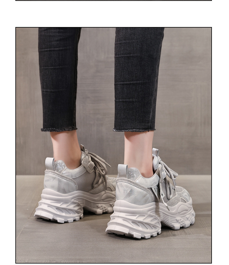 Giày sneaker nữ chunky đế dày tăng chiều cao đính đá rhinestone phong cách thể thao — Màu súng chi tiết 13