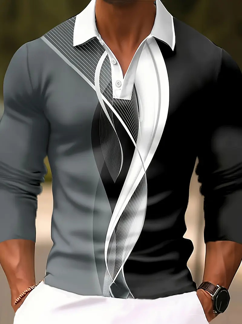 Primavera y verano estilo delgado diseño de alta calidad Volkswagen geométrico colorido manga larga solapa botón POLO camisa MB14