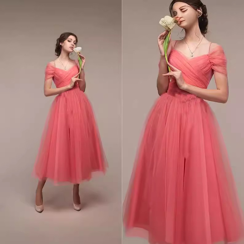 Primavera y verano europeo y americano Comercio exterior nueva malla ropa de mujer vestido sexy fuera del cuello Correa encaje-arriba boda Vestido de dama de honor