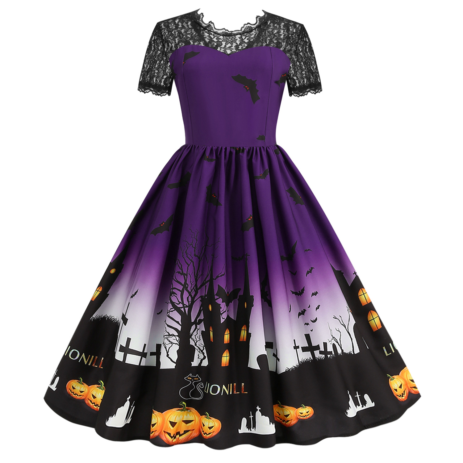 Women s Lace Round Neck Short Sleeve Printed Dress nihaostyles wholesale halloween costumes NSSAP78835