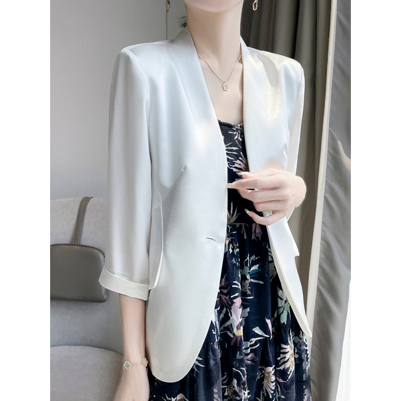 2025 Spring/Summer One-Button Blazer for Women, Elegant Three-Quarter Sleeve Slim Fit Solid Color Petite Jacket Top