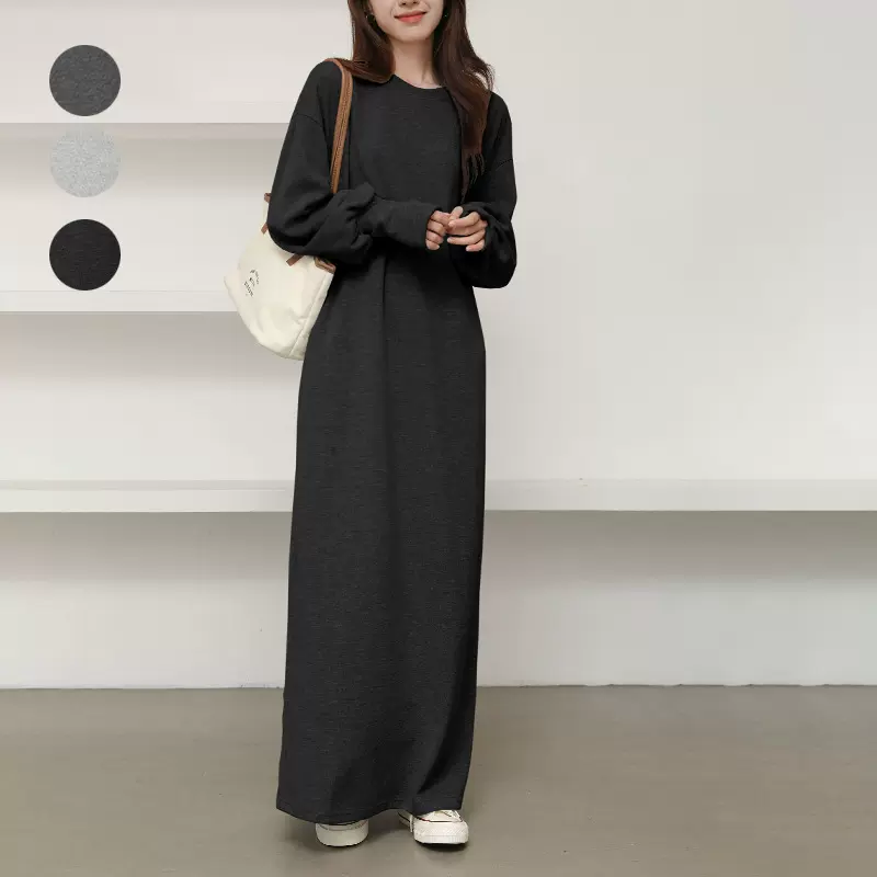 2025日本乐天简约卫衣连衣裙女宽松遮肉休闲长袖慵懒风过膝长裙