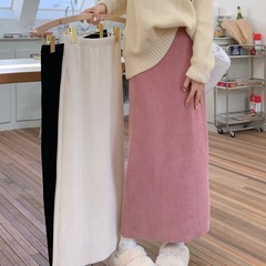 加绒灯芯绒A字半身裙女秋冬胖MM松紧高腰直筒裙子显瘦长裙纯色潮