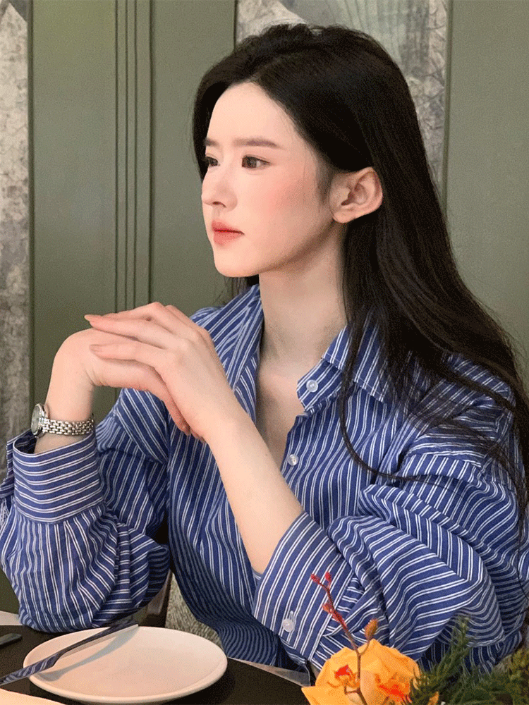刘亦菲同款蓝色条纹衬衫女2025新款感法式复古polo领外套上衣