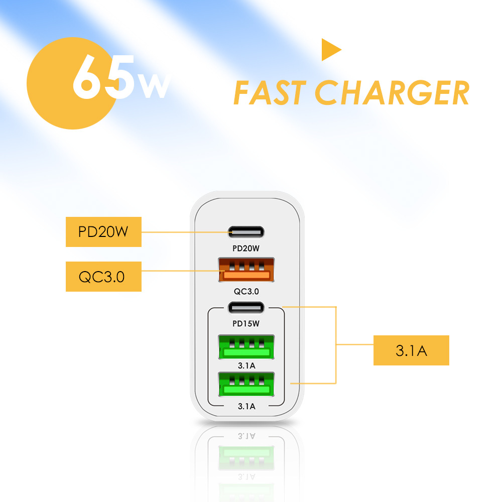 Nuevo PD65W carga rápida cargador de teléfono móvil 5V4A europeo y americano británico PD + 3USB adaptador multi-Puerto Cabeza de carga
