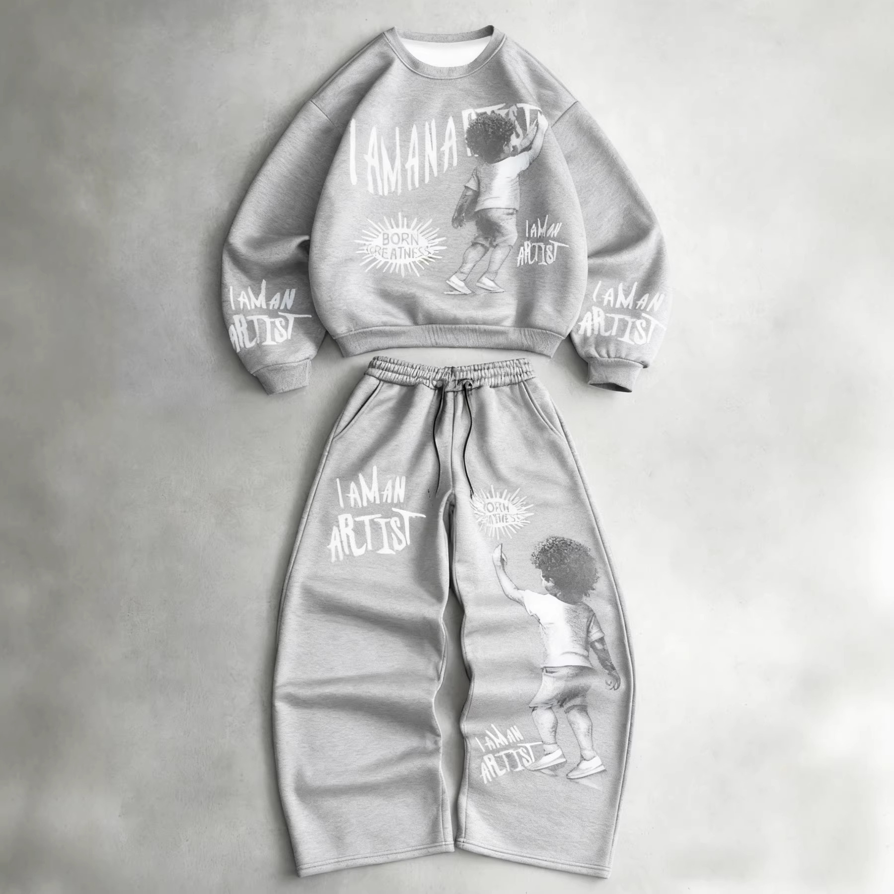 Bedruckter Herren-Trainingsanzug „I AM an ARTIST“: Stylischer Rundhals-Hoodie und Jogginghose – bequemes Zweiteiler-Outfit für Freizeit und Streetwear._voghion.com