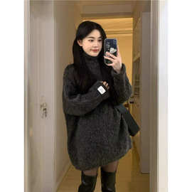 韩系慵懒风软糯高领中长款毛衣女秋冬季小个子高级感百搭宽松上衣