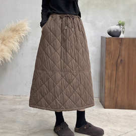 菱格夹棉半身裙女2025秋冬文艺纯色加厚保暖松紧腰中长款长裙子