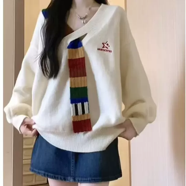 美式复古彩虹毛织拼接v领针织衫外套秋冬宽松学院风高级感女毛衣