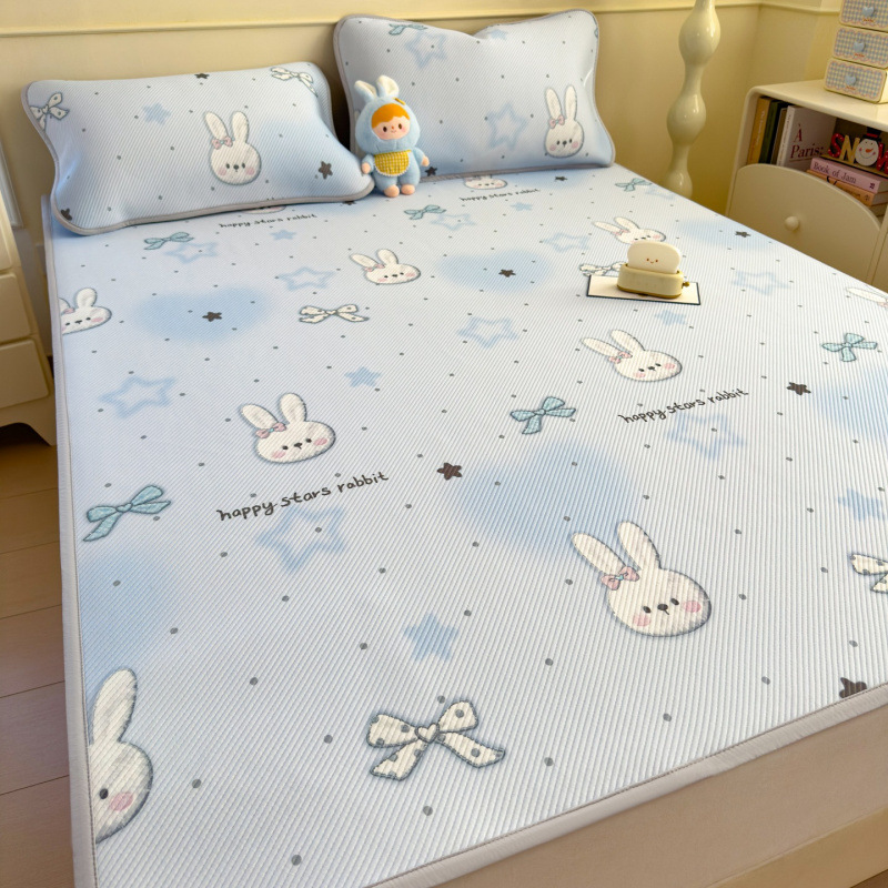 Summer Cartoon Ice Bean Cooling Mat Three-Piece Set Children's Ice Silk Mat Dormitory Single Air-Conditioned Mat Machine Washable Soft Mat