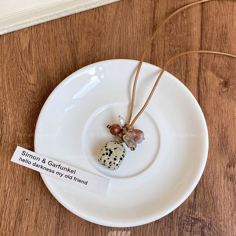 天然石珍珠编织绳项链女复古新中式虎眼石锁骨链长款挂脖斑点配饰|undefined