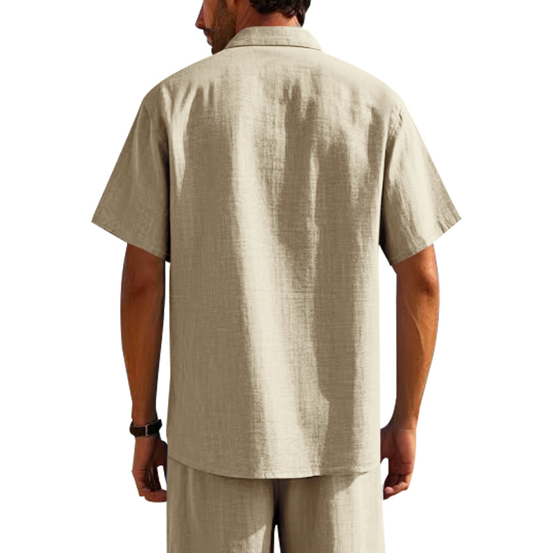 Summer Men's Linen Shirt Casual Loose Collar Short Sleeve Solid Color Pocket T-Shirt_viptrois.com