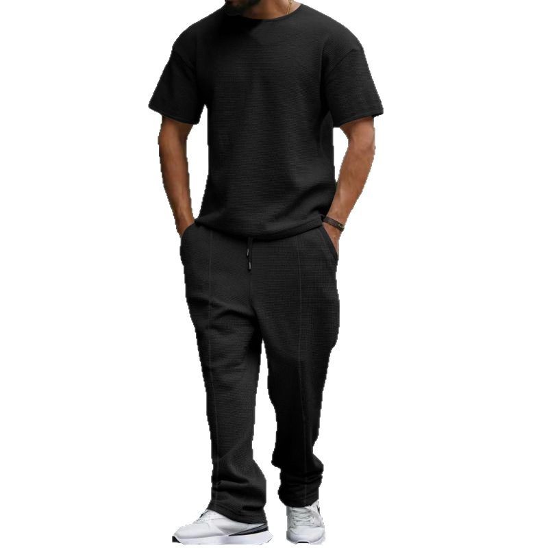 Los pantalones de manga corta de los hombres europeos y americanos se adaptan a la galleta pesada oversize Plus size Amazon cuello redondo traje casual