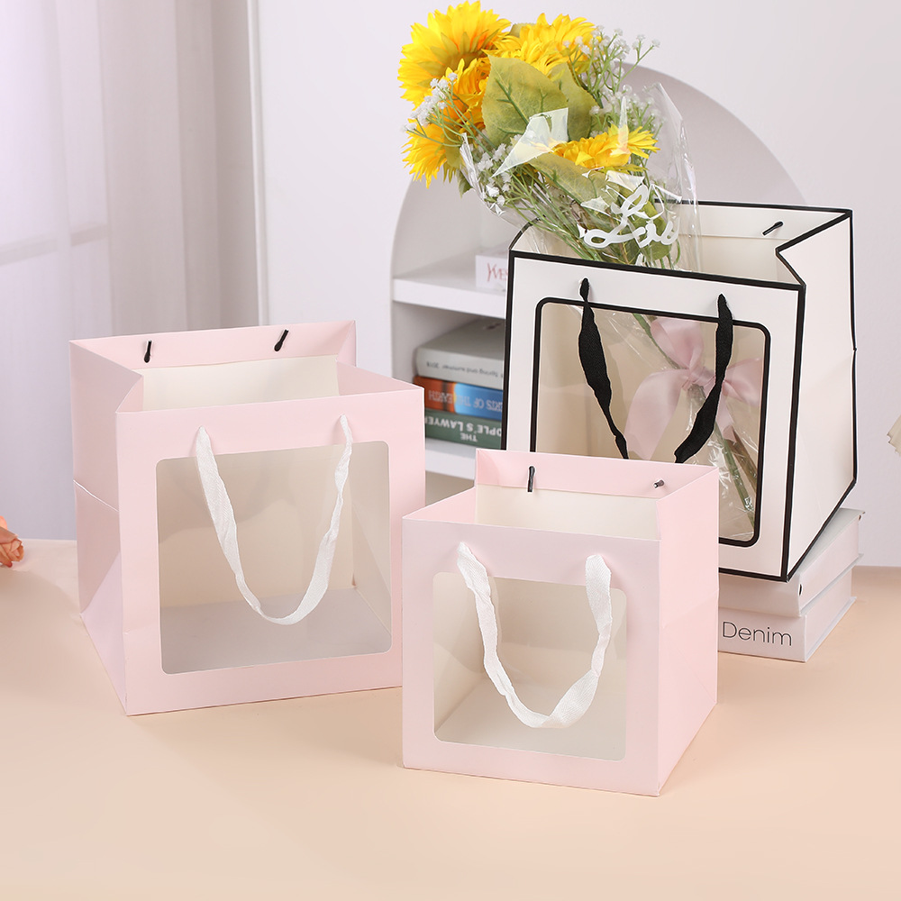 小香风透明开窗手提袋正方形鲜花手提袋橱窗袋透明花束生日礼品袋