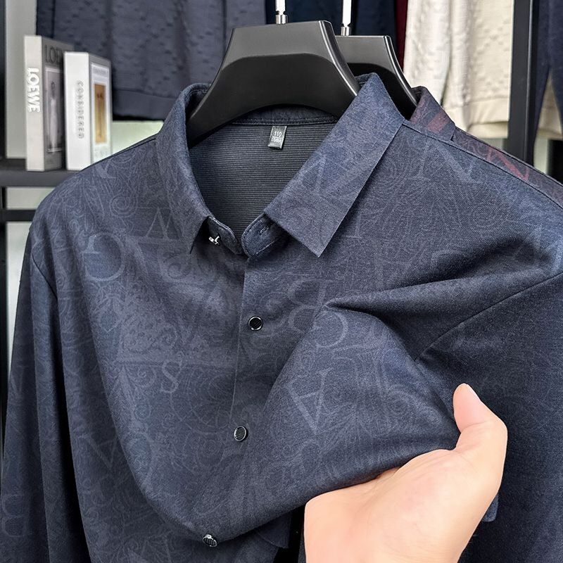 New Spring and Autumn High-Quality Thin Men's Printed Seamless Long-Sleeve Shirt, Business Casual Shirt for Middle-Aged Men, Trendy and Non-Iron New Spring and Autumn High-Quality Thin Men's Printed Seamless Long-Sleeve Shirt, Business Casual Shirt for Middle-Aged Men, Trendy and Non-Iron