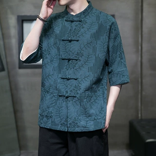 中国新款风夏季男青年唐装半袖衬衫盘扣复古5分袖立领布扣茶服