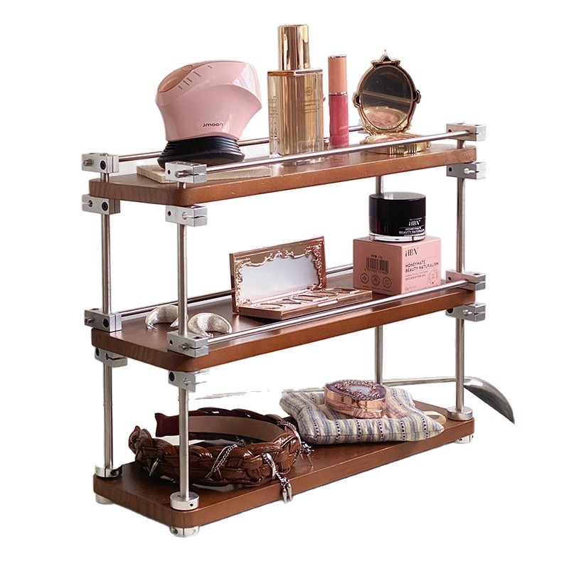 Taza de acero inoxidable de madera sólida Taza de café de esquina Estación de almacenamiento multicapa de tocador Perfume estante de escritorio