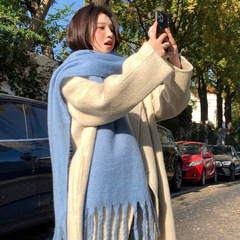 ヘイズブルー無地タツノオトシゴ毛スカーフ女性のハイエンド冬韓国語版学生多用途暖かい厚みのあるタッセルスカーフ