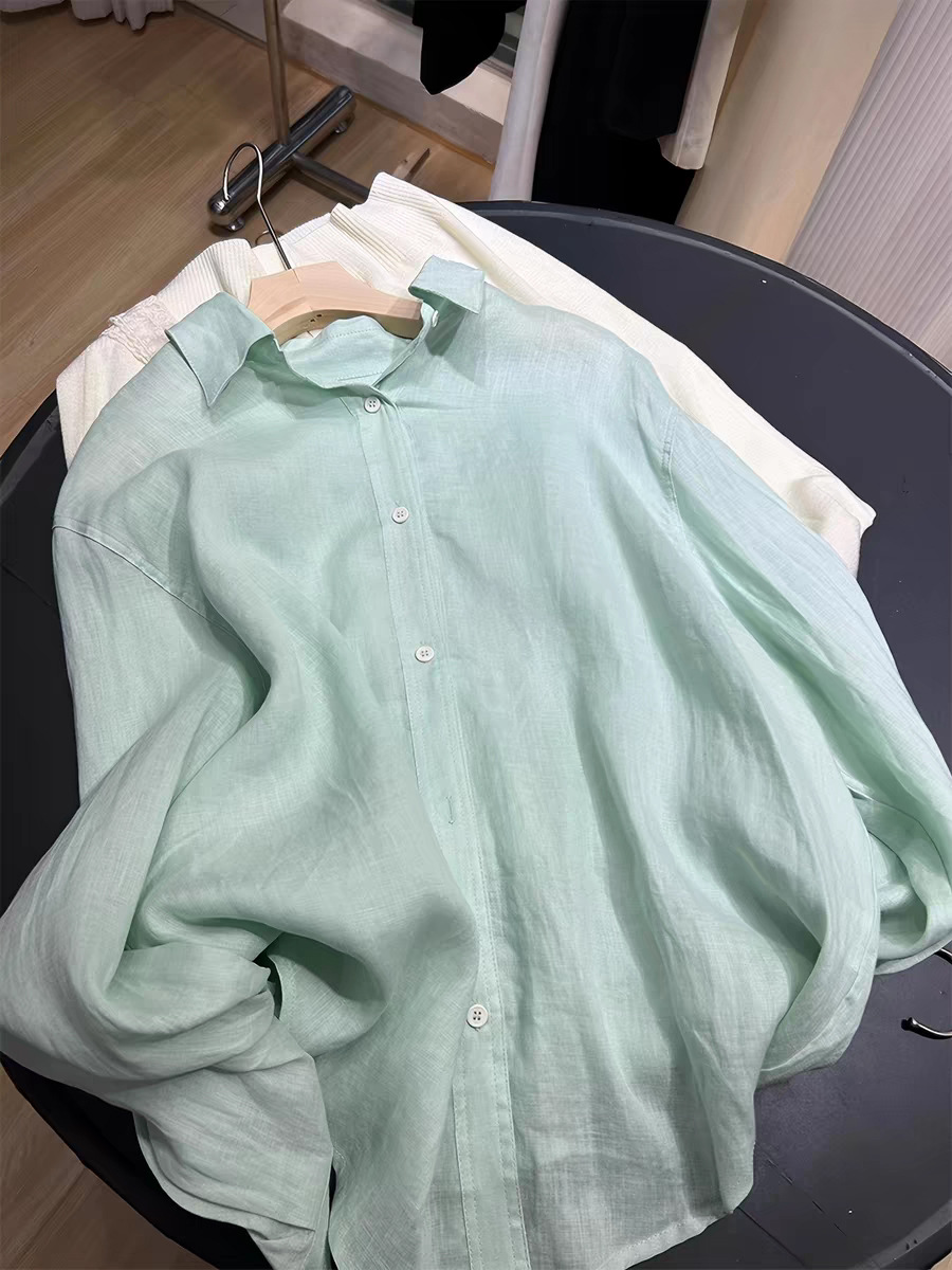 Áo sơ mi nữ linen mỏng thoáng khí mùa hè chống nắng — bạc hà xanh