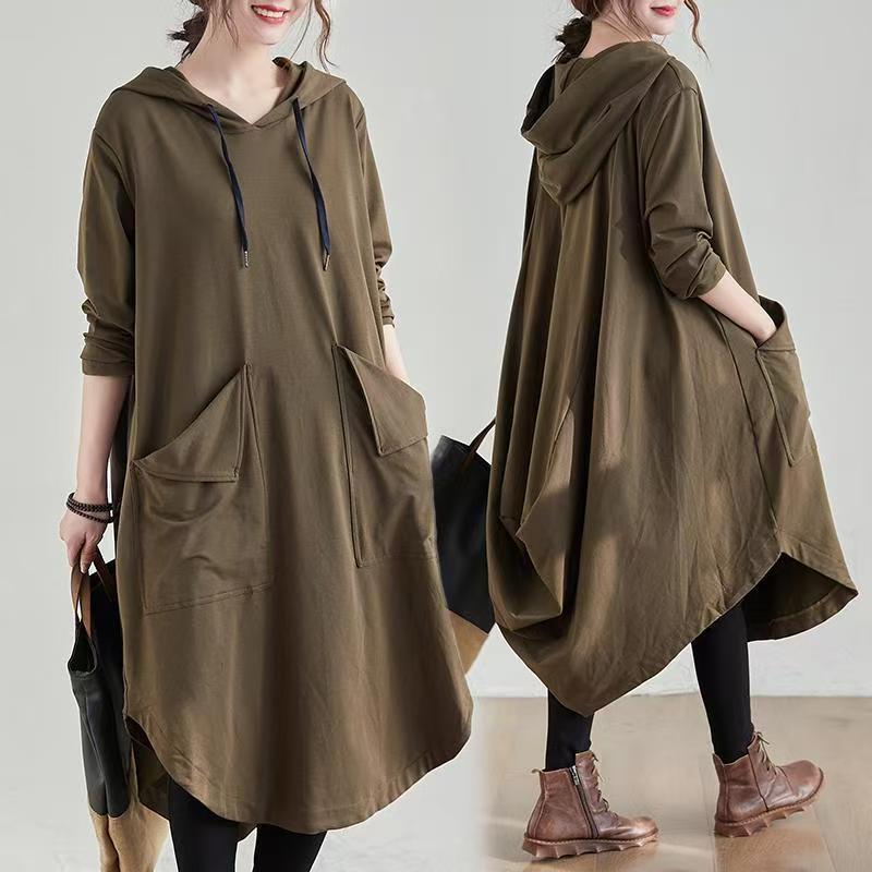 Autumn New Plus-Size Women's Loose Artistic Mid-Length Dress with Large Pockets, Over-The-Knee, Tummy-Covering, Hooded Dress