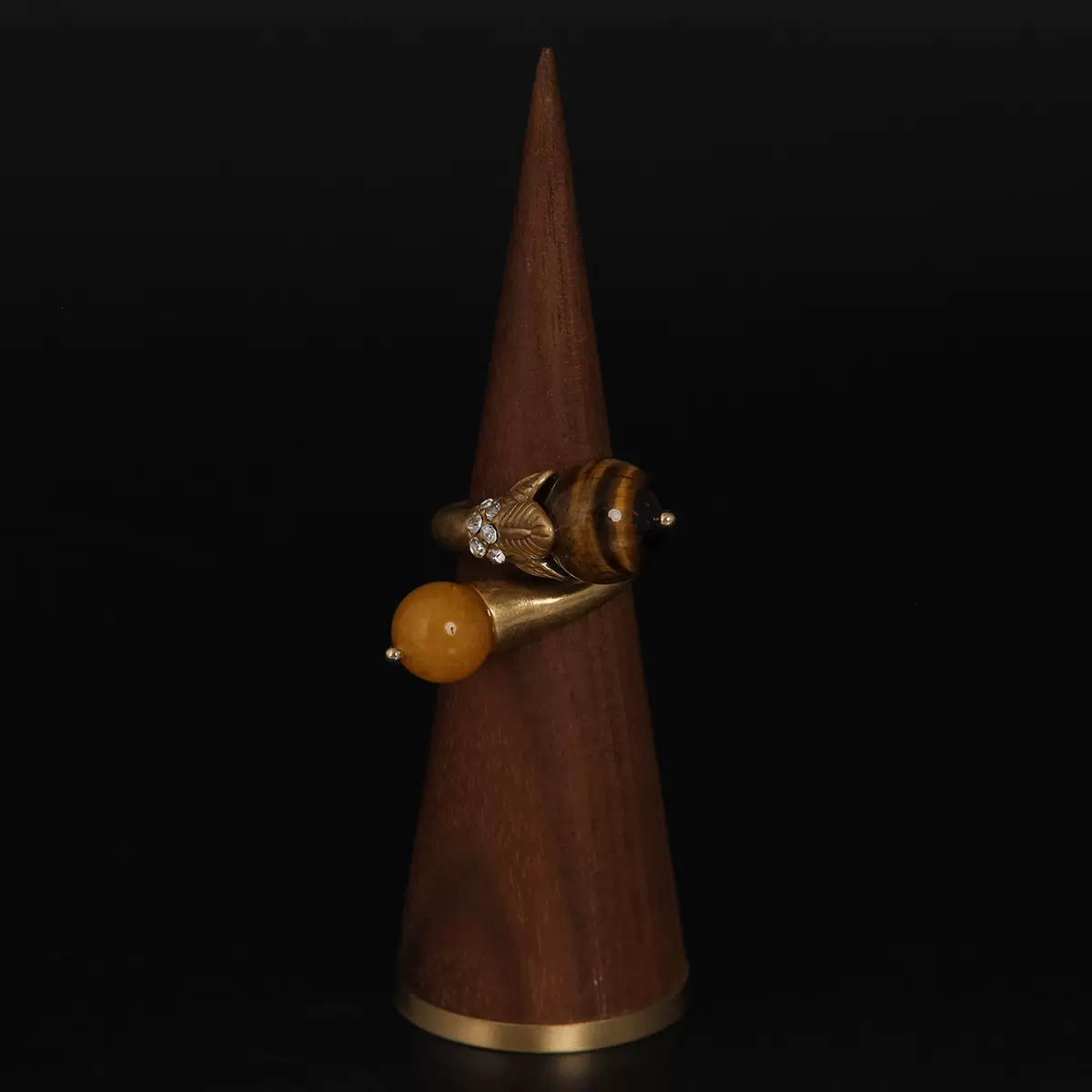 中古vintage时尚高级感复古小众猫眼石黄玛瑙双层铜镀做旧金戒指