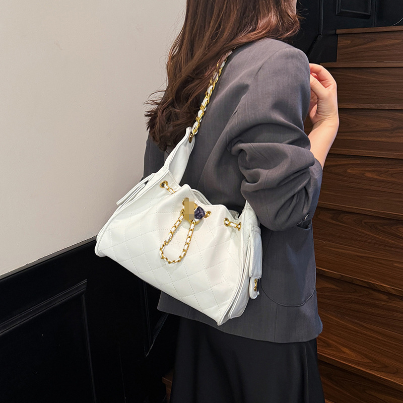 高级感复古小香风菱格链条托特包女士大容量流浪水桶包手提单肩包|undefined
