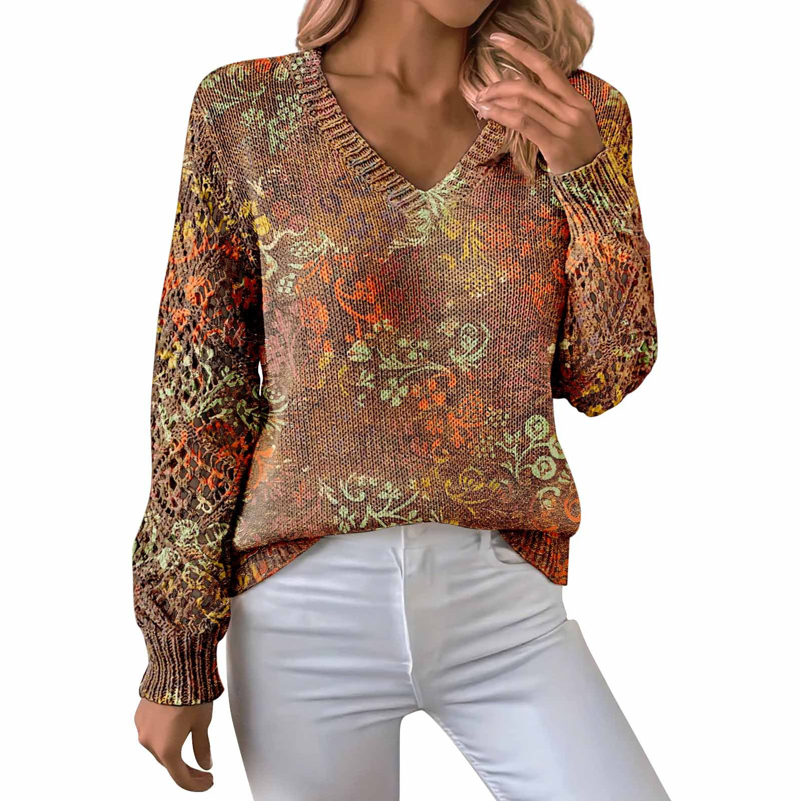 Lyh0910-V-Neck Cutout Cutout Pullover Printed Sweater